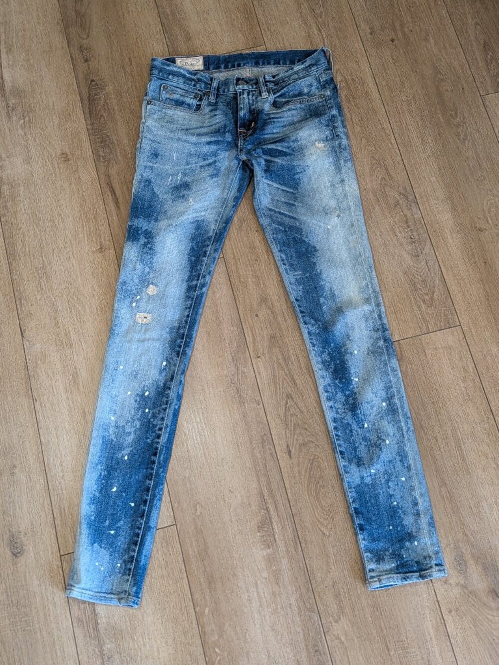 Polo Ralph Lauren Blue Denim Distressed Jeans Acid Wash Paint Splatter Waist 26